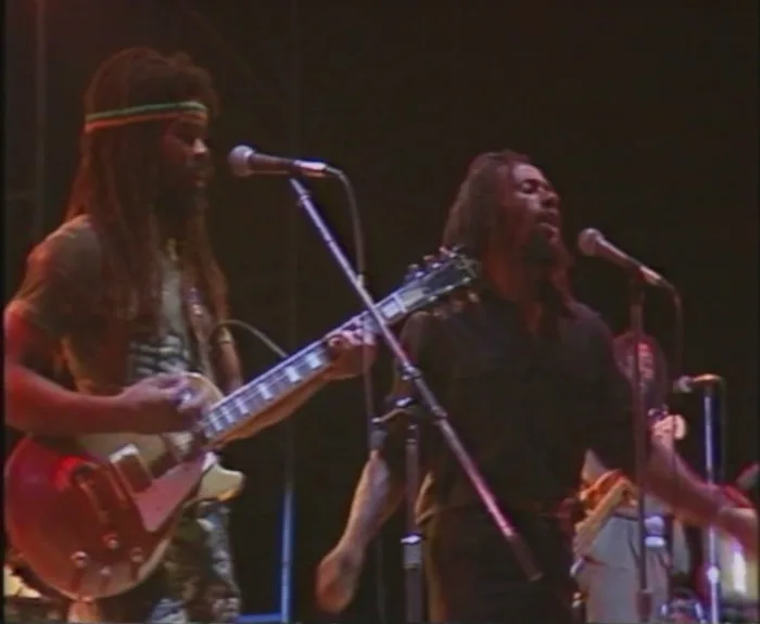 Still from video footage of Twinkle Brothers Sunsplash performance 